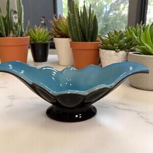 Turquoise & Black Pottery Art Deco Flared Scalloped Planter Vase Console Vtg 7.5